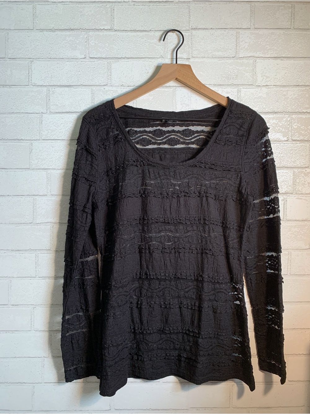 Express Y2K Black Semi Sheer Lace-Texture Long Sleeve Scoop Neck Top